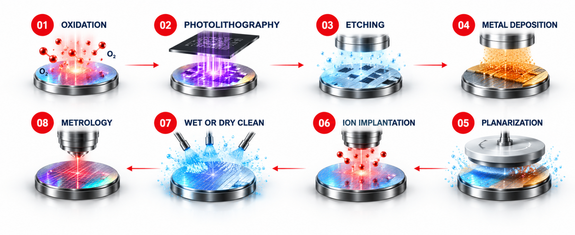 Semiconductor manufacturing process showing oxidation, photolithography, etching, metal deposition, planarization, ion implantation, wet or dry cleaning and metrology